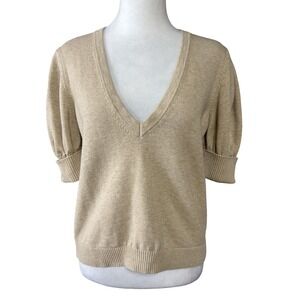 ba&sh Womens L Beige Wool Cotton V Neck Puff Sleeve Knit Sweater